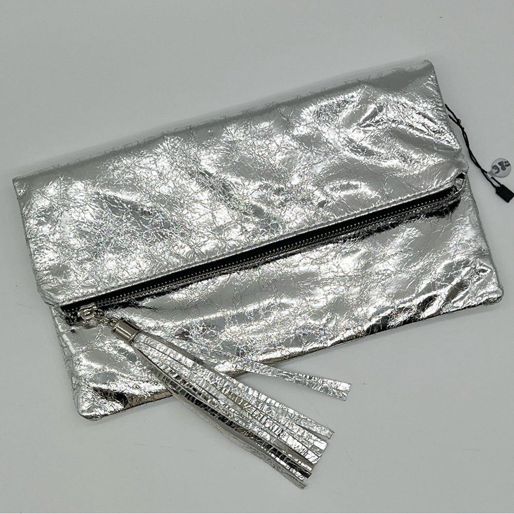 JNB Silver Clutch Bag with Tassel & Crossbody Chain Strap